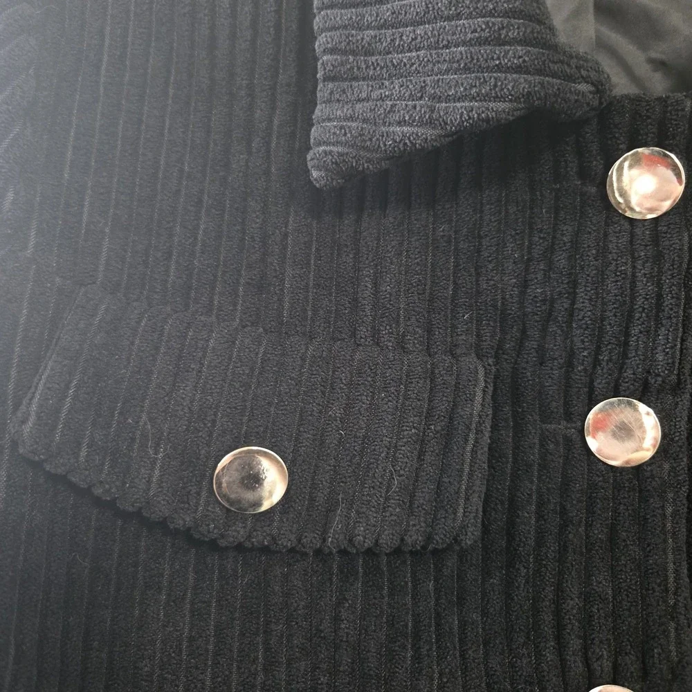 Women's S Black Corduroy Cropped Jacket Balloon Sleeve Silver Button Y2K Grunge